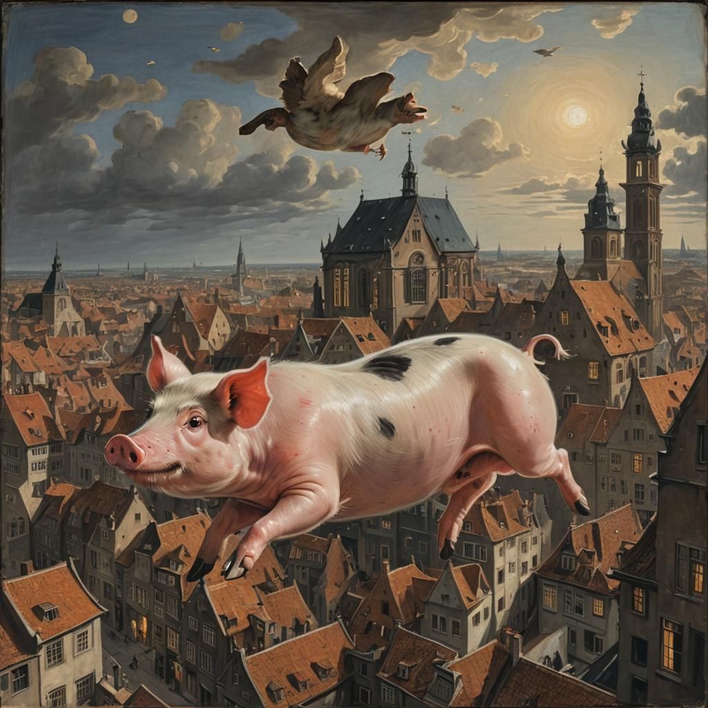 A Pig flying over a city filled with glowing windows, Frans ...