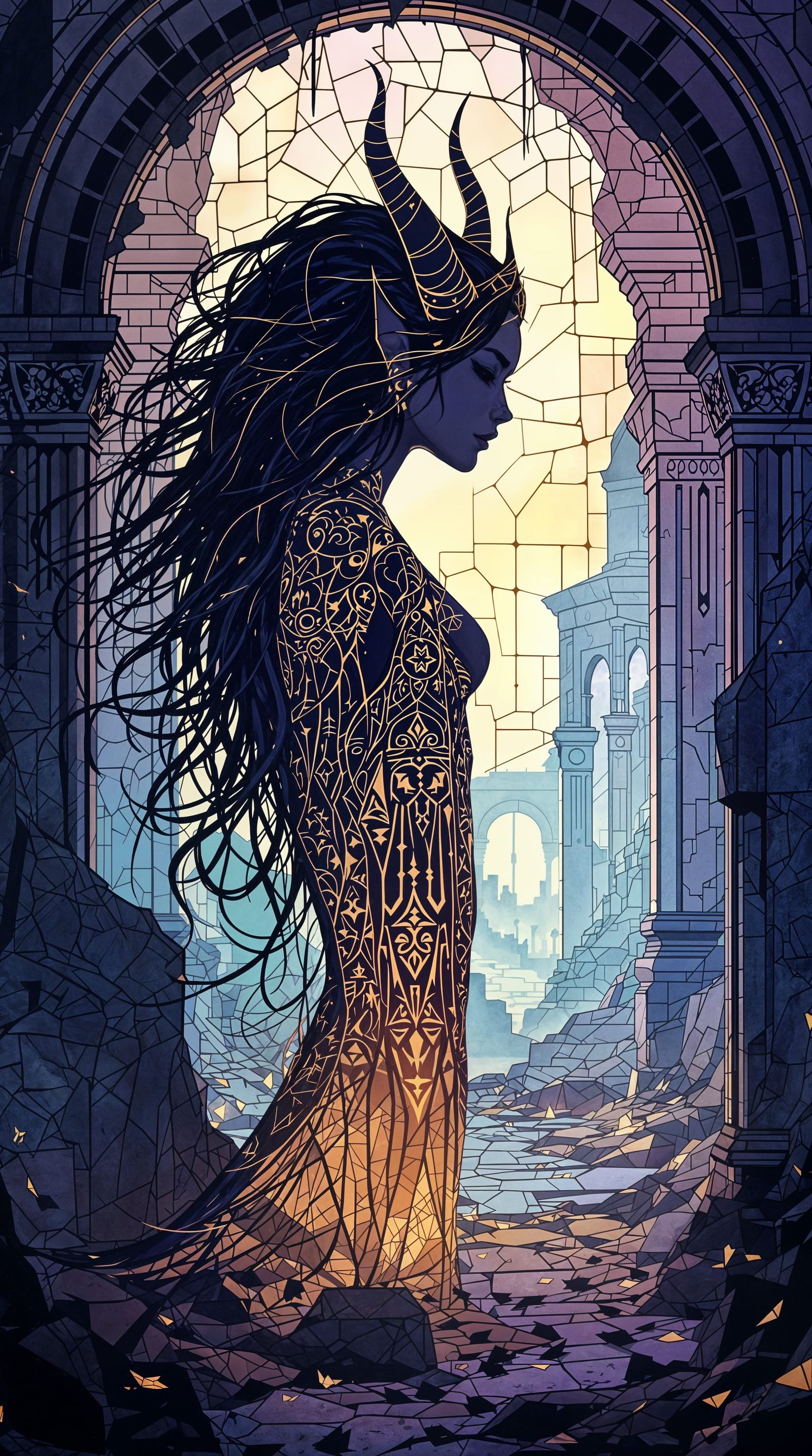 Digital Stained Glass Demon in Haunting Inner Glow