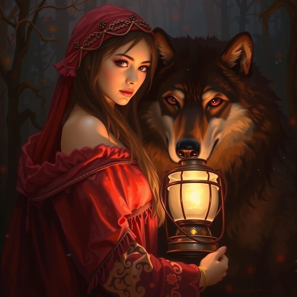 Enchanting Fantasy Goddess with Majestic Wolf in Dreamlike N...