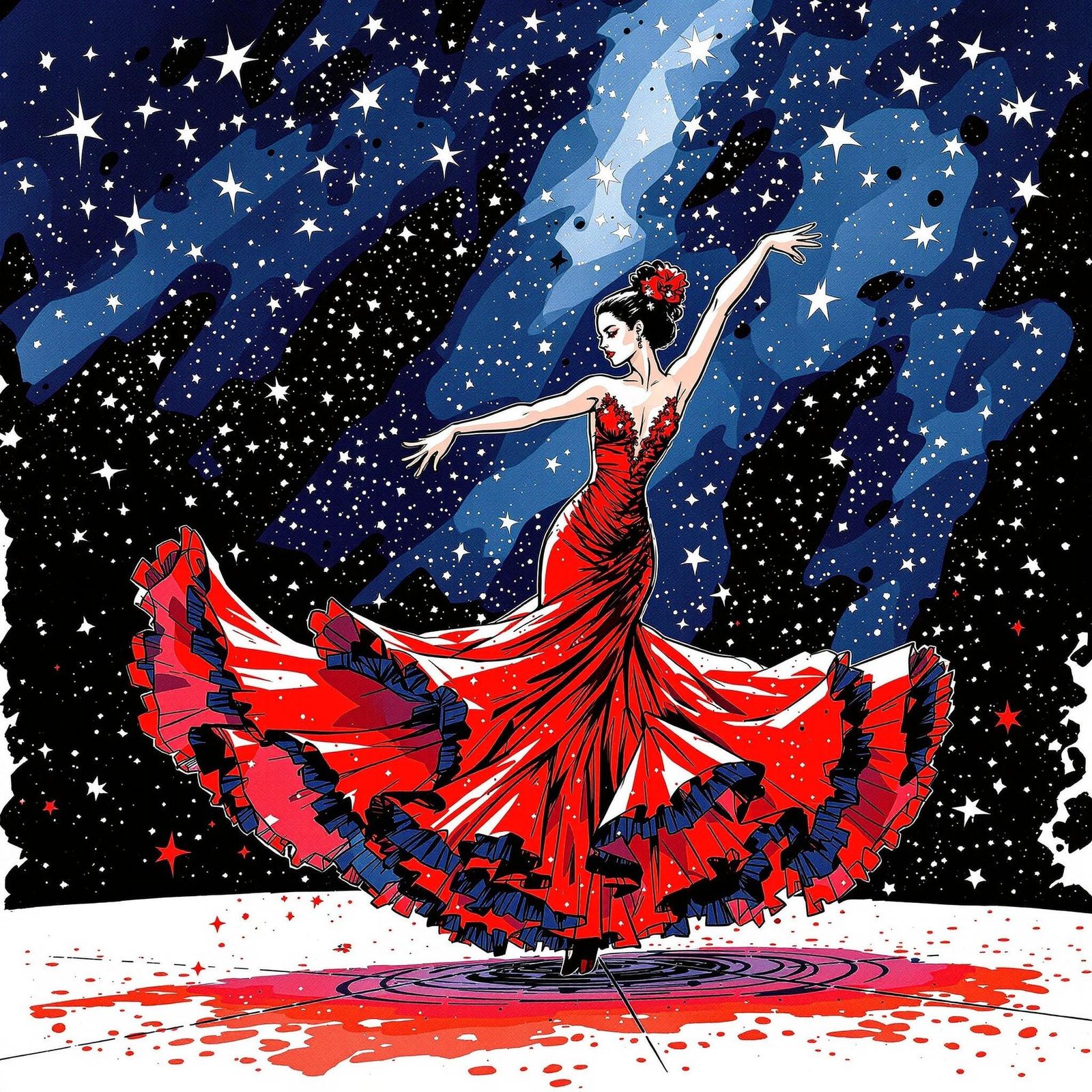 Flamenco Dancer Under the Starry Canopy in Impressive Comic....