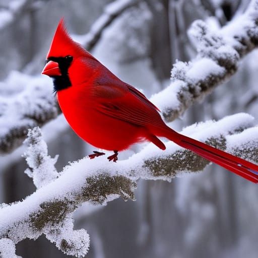 Brilliant Red Cardinal in Snowy Winter Scene