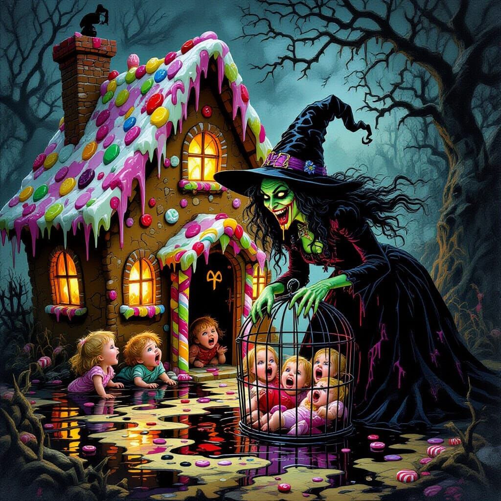 Evil Witch in Rotting Candy House, Gothic Horror Art