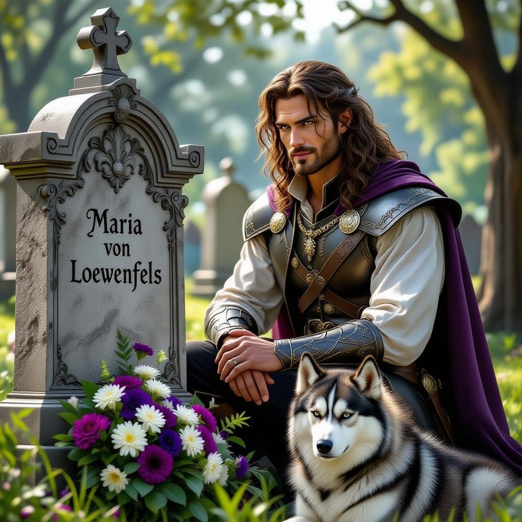 Nephilim Cain at Grave with Husky in Mystical Cemetery