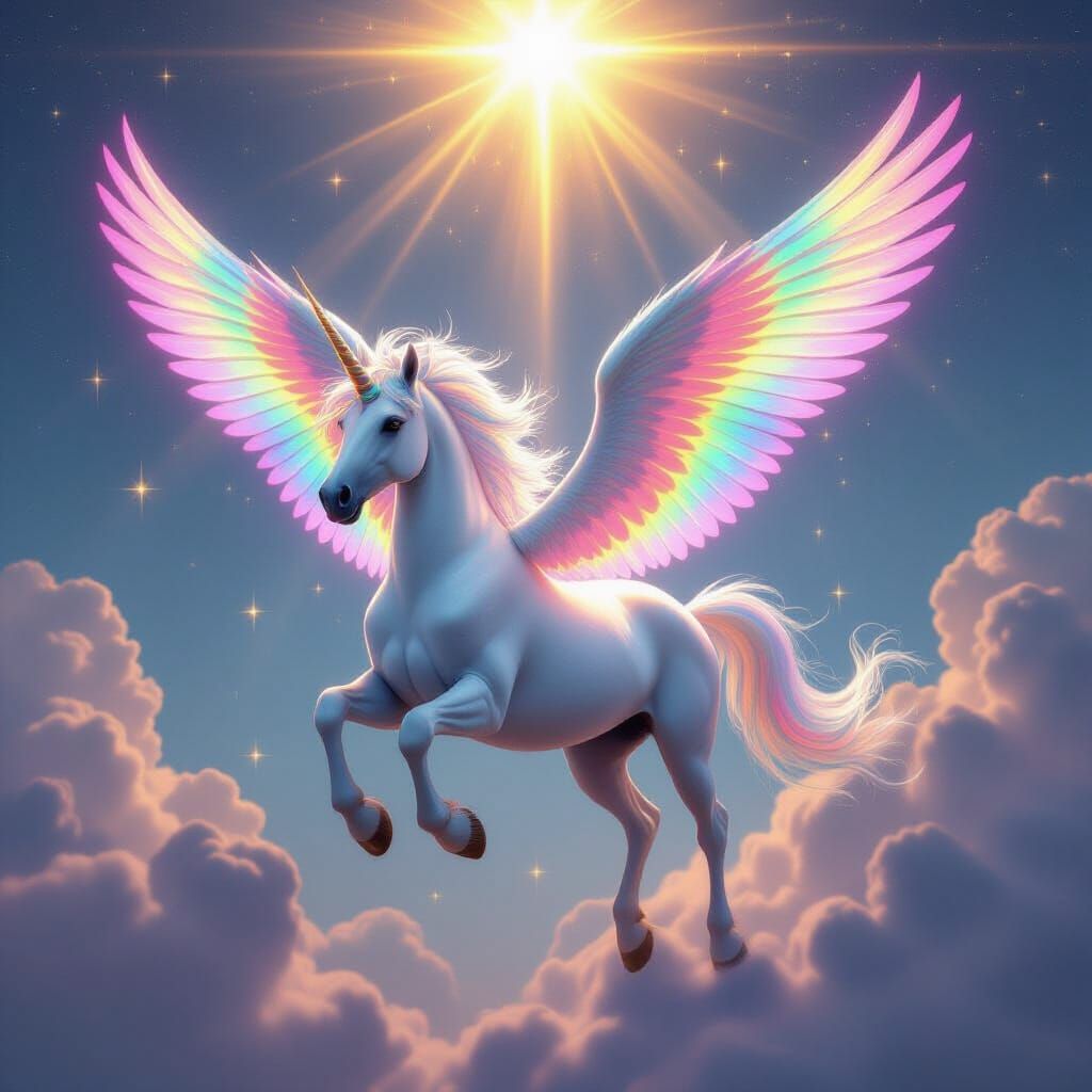 Majestic Unicorn with Rainbow Wings Soars to Heaven