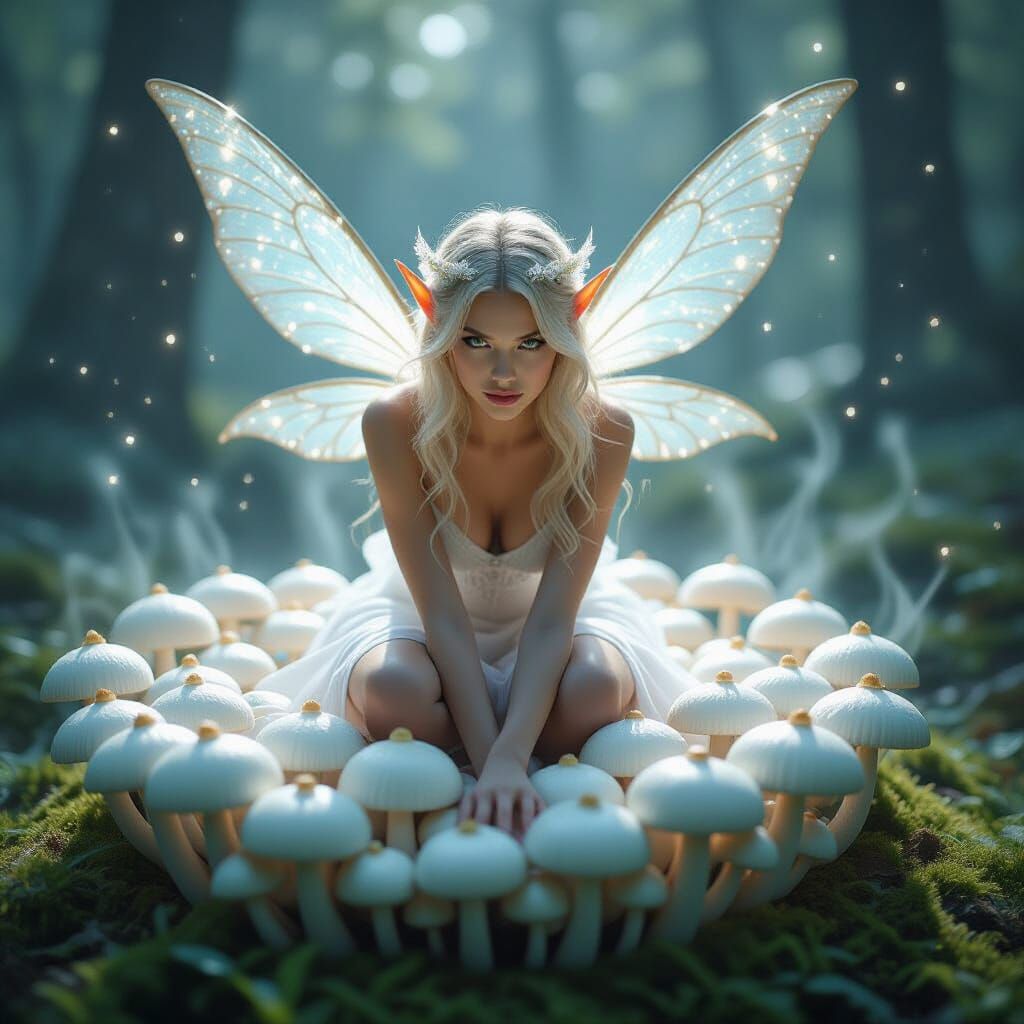 Sparkling Fairy Over Mushroom Circle in Ethereal Mist
