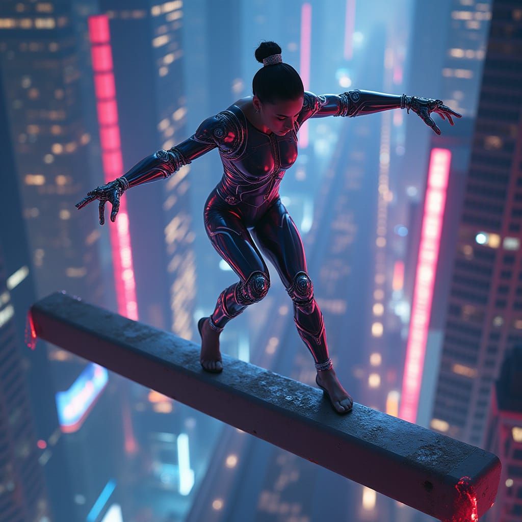 Cybernetic Gymnast on Neon Cityscape Balance Beam