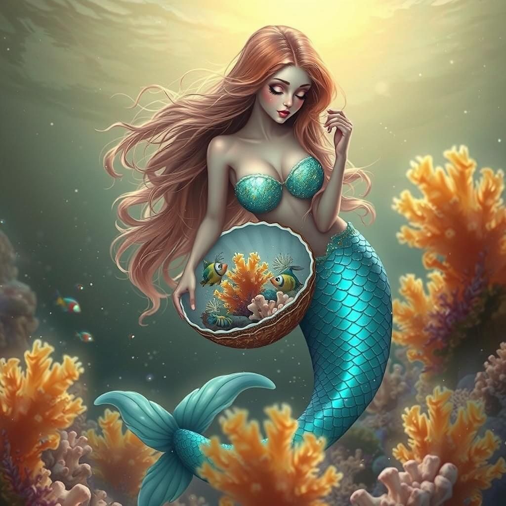 Iridescent Mermaids Protect Coral Reef: Digital Painting