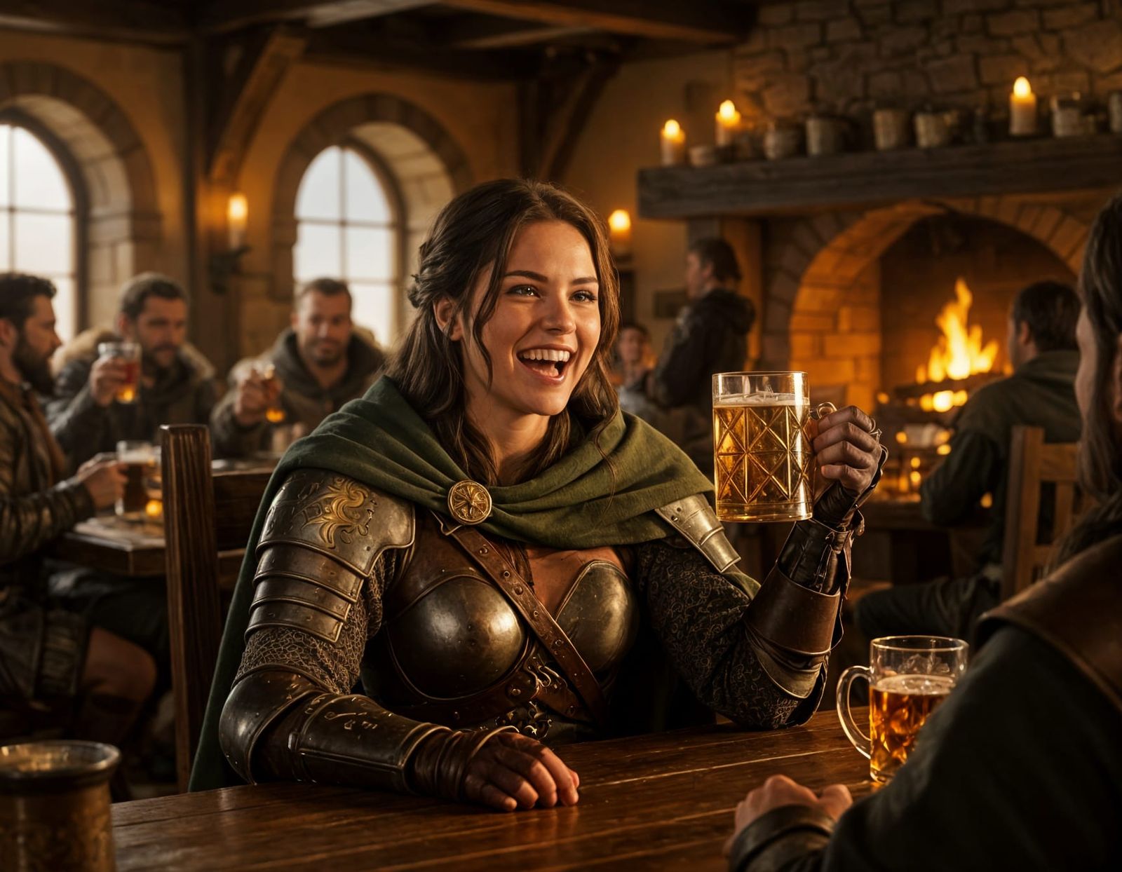 Brunette Warrior Laughing in Bustling Medieval Tavern