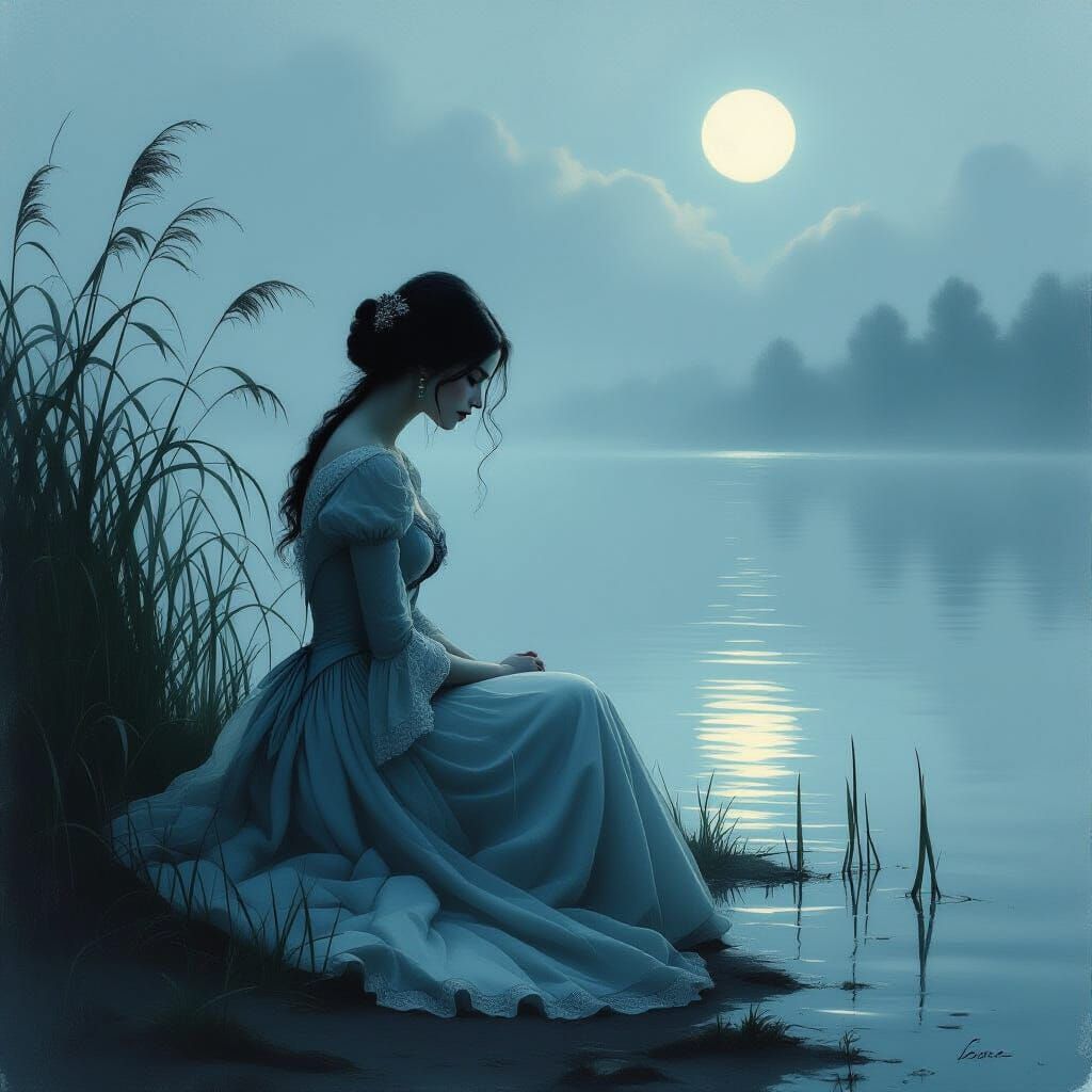 Melancholic Woman on Moonlit Lake, Ethereal Art