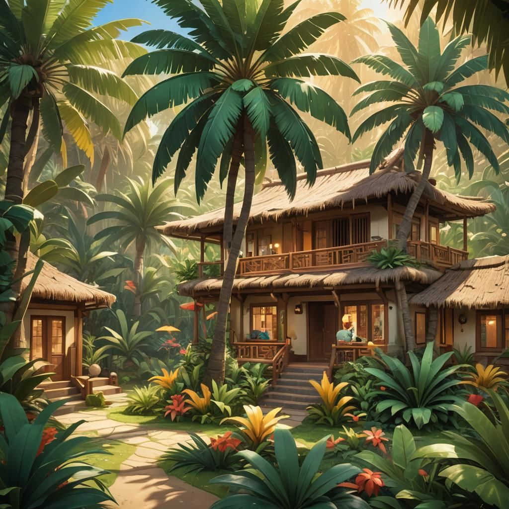 Tropical Casa Inside a Coco: Anime-Inspired 3D Art