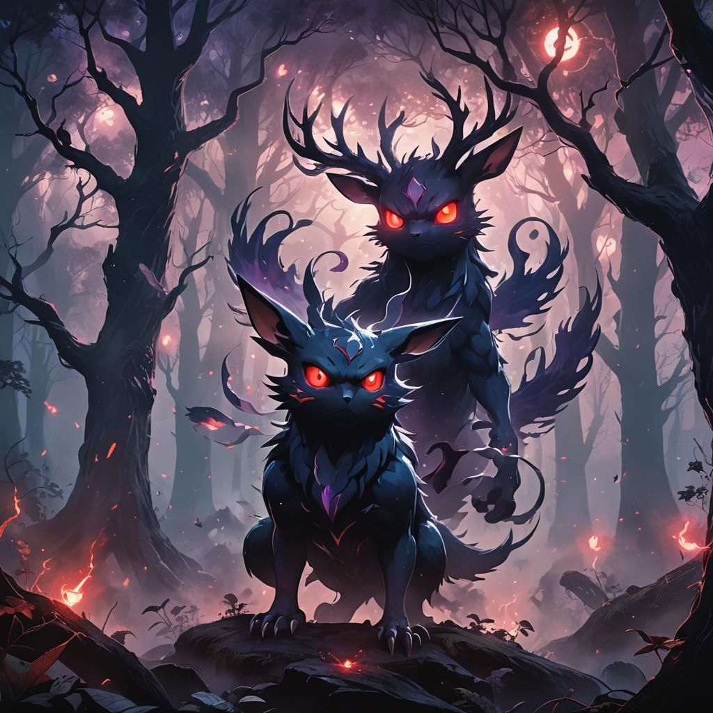 Eerie Dark Pokemon in Misty Forest Illustration