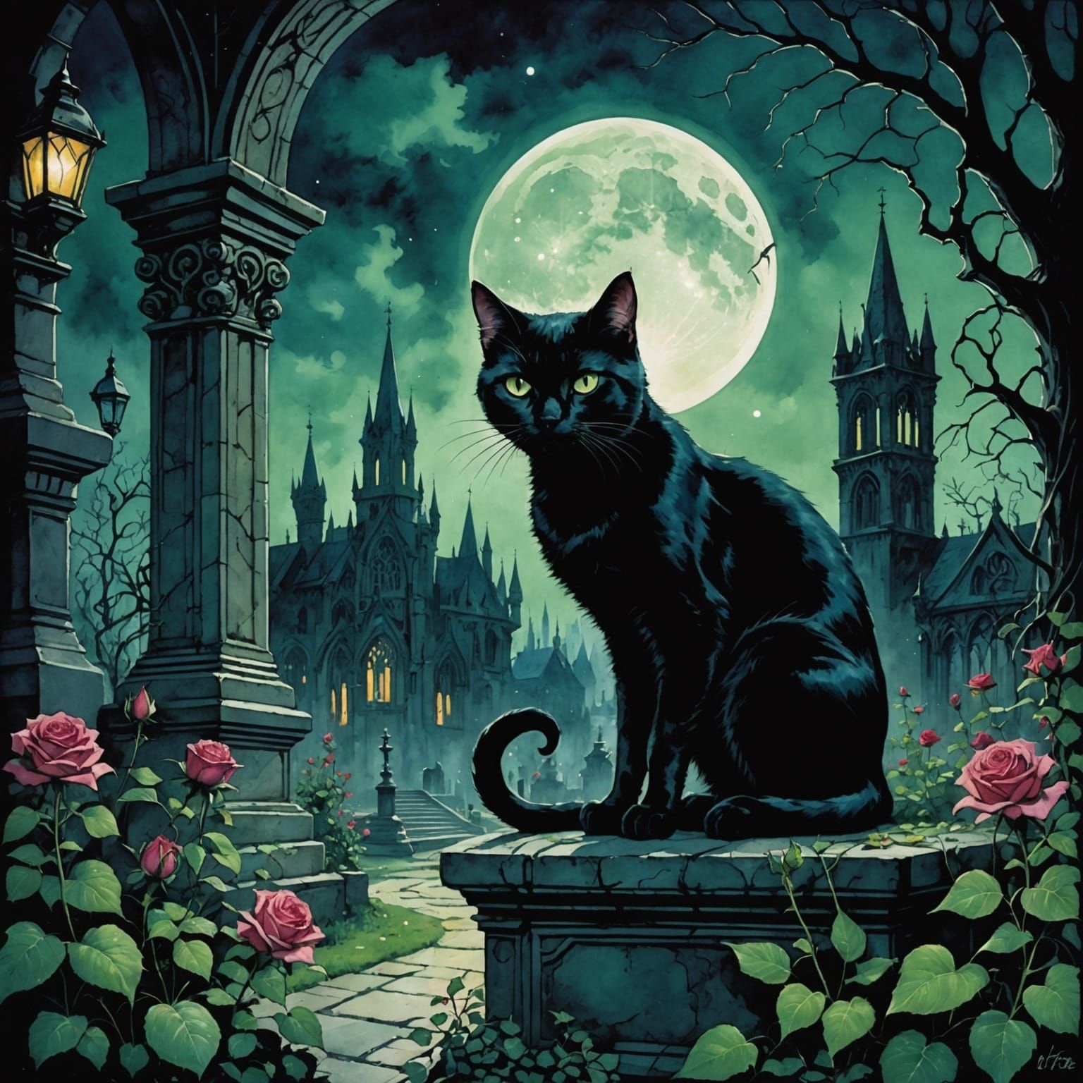 Emerald-Eyed Cat in Moonlit Gothic Garden