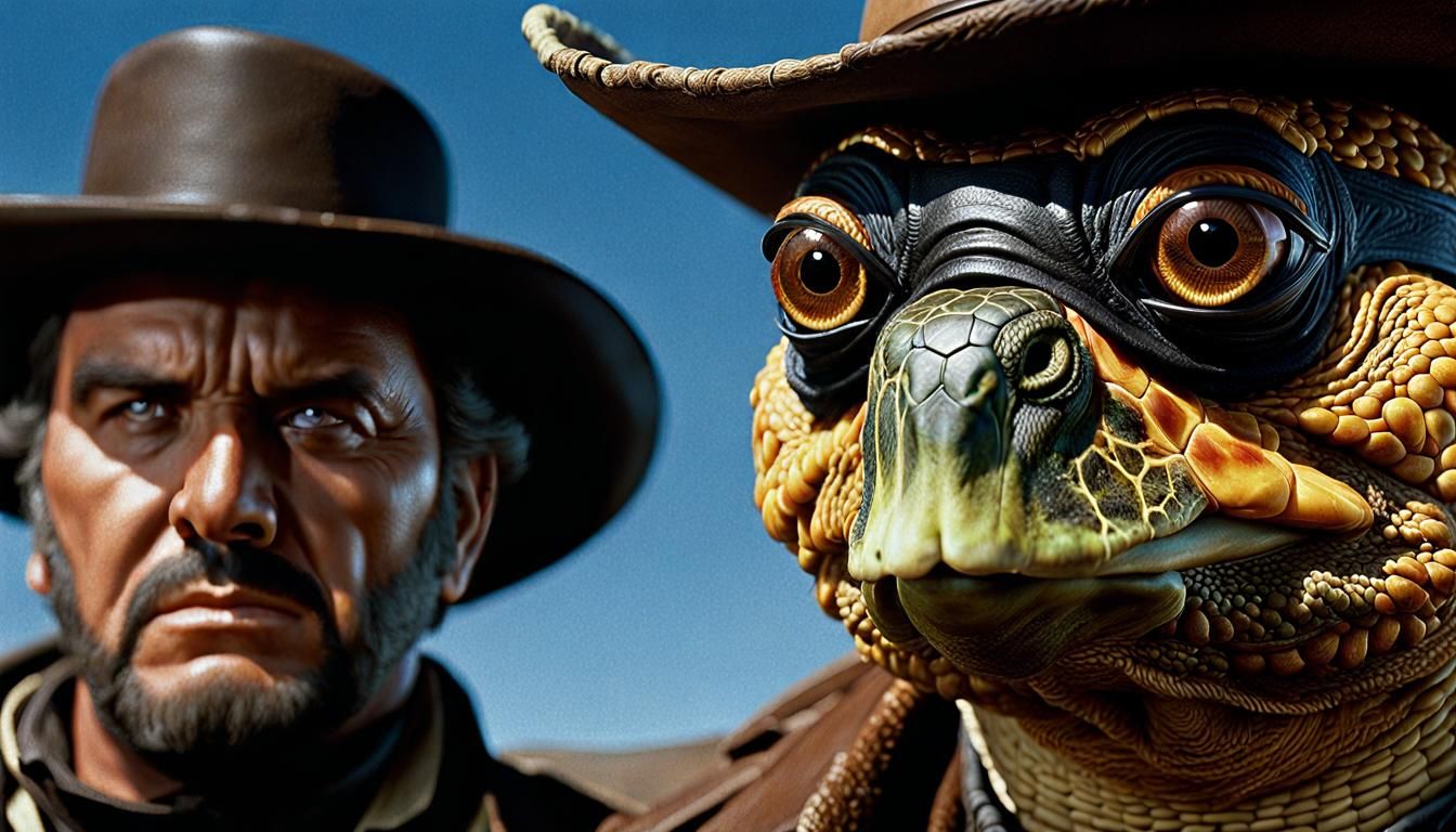 Hyperrealistic Turtle Gunslinger in Spaghetti Western Duel