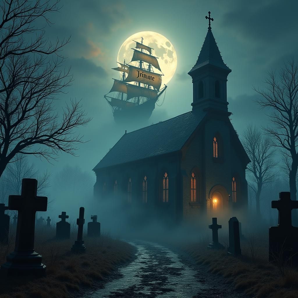 Ghostly Pirate Ship Over Old Church in Matte Painting Style