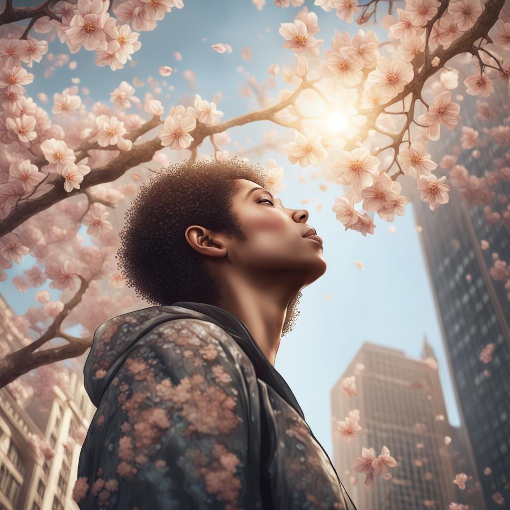 Detailed Cityscape with Blooming Tree in Digital Art