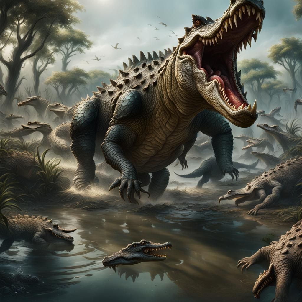 Wounded Man Pursued by Crocodiles: Fantasy Concept Art