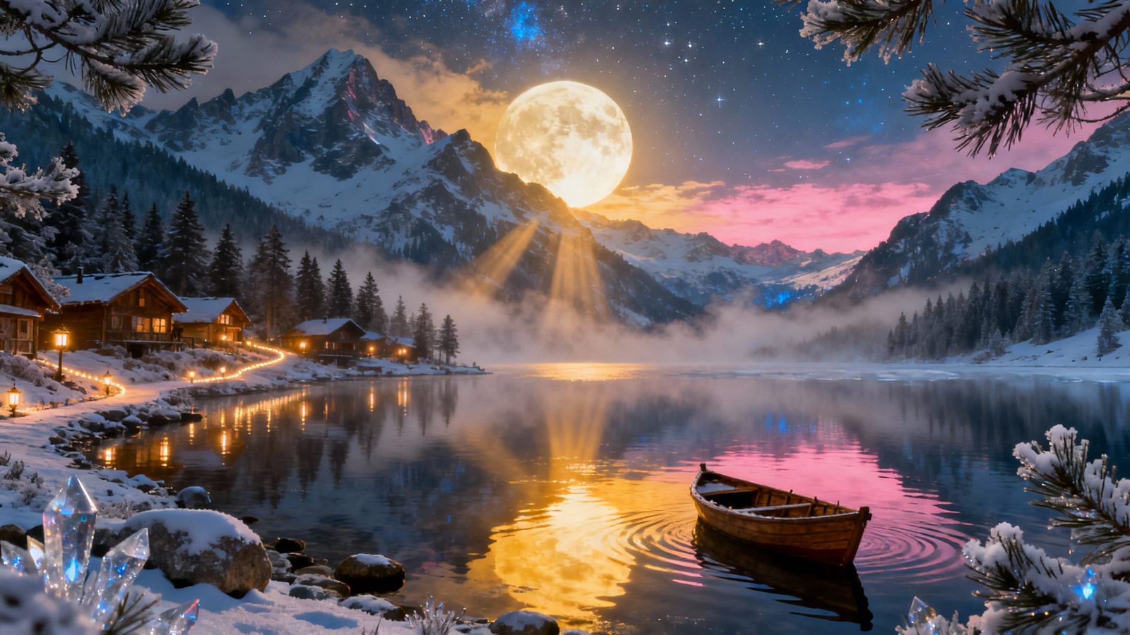 Dreamlike Alpine Realm: Night, Dawn, and Moonlit Lake