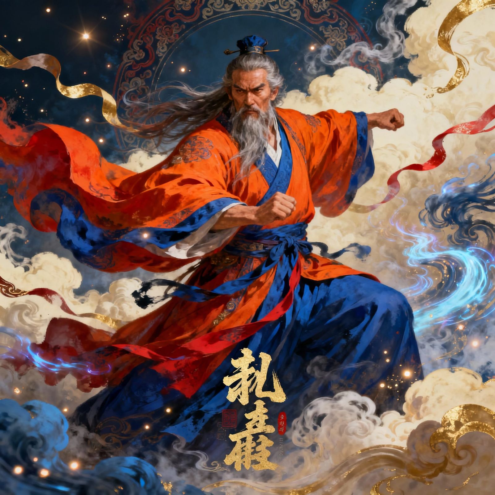 Confucius as Martial Sage in Dynamic Fantasy Illustration