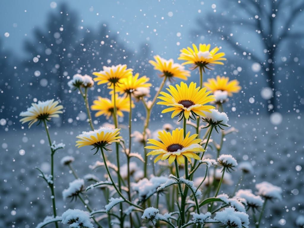 Sunflowers Braving a Fierce Winter Blizzard