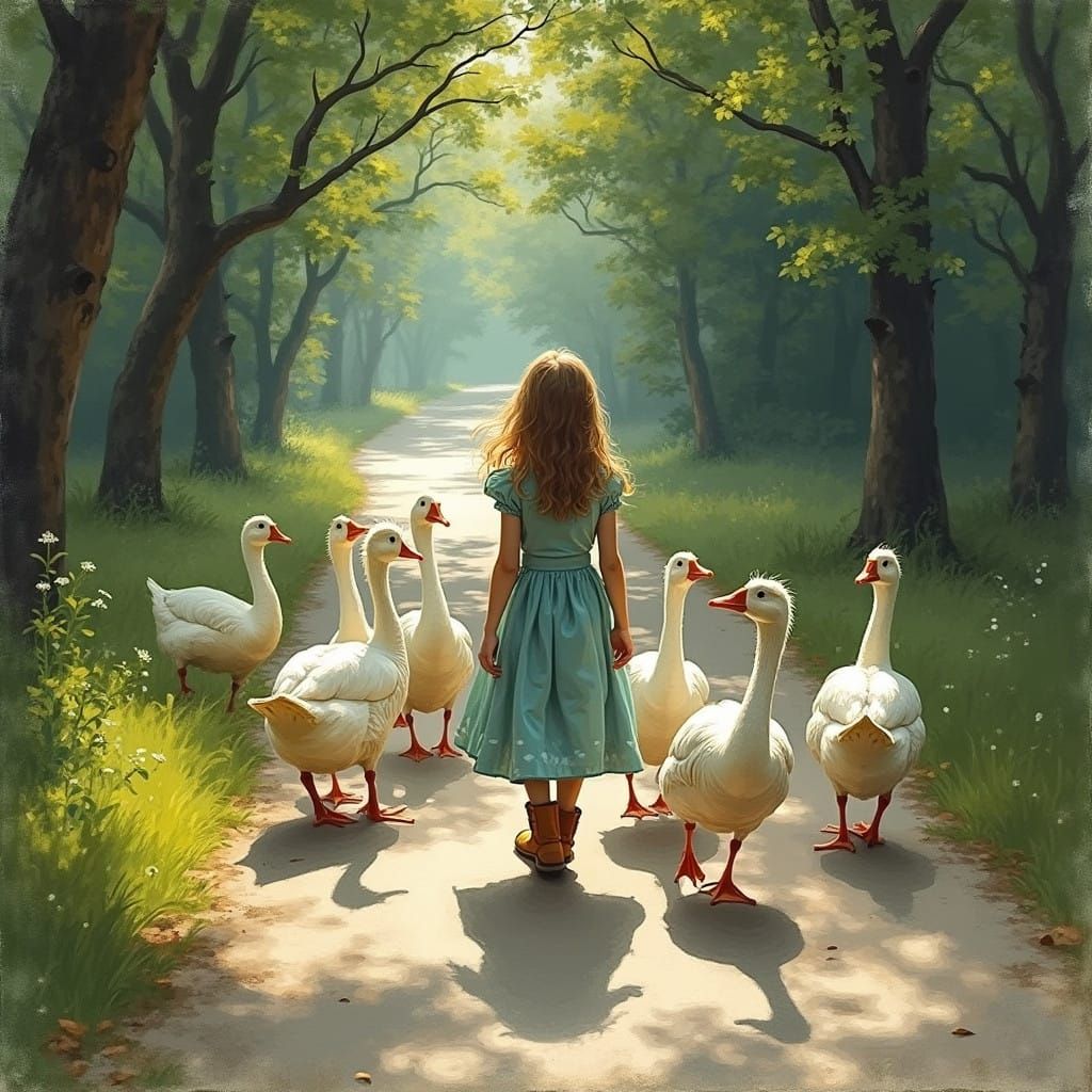 Girl Walks Down Winding Road with Flocking Geese
