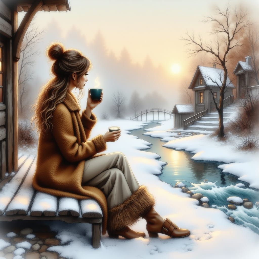 Woman Contemplating Winter Landscape in Watercolor Style