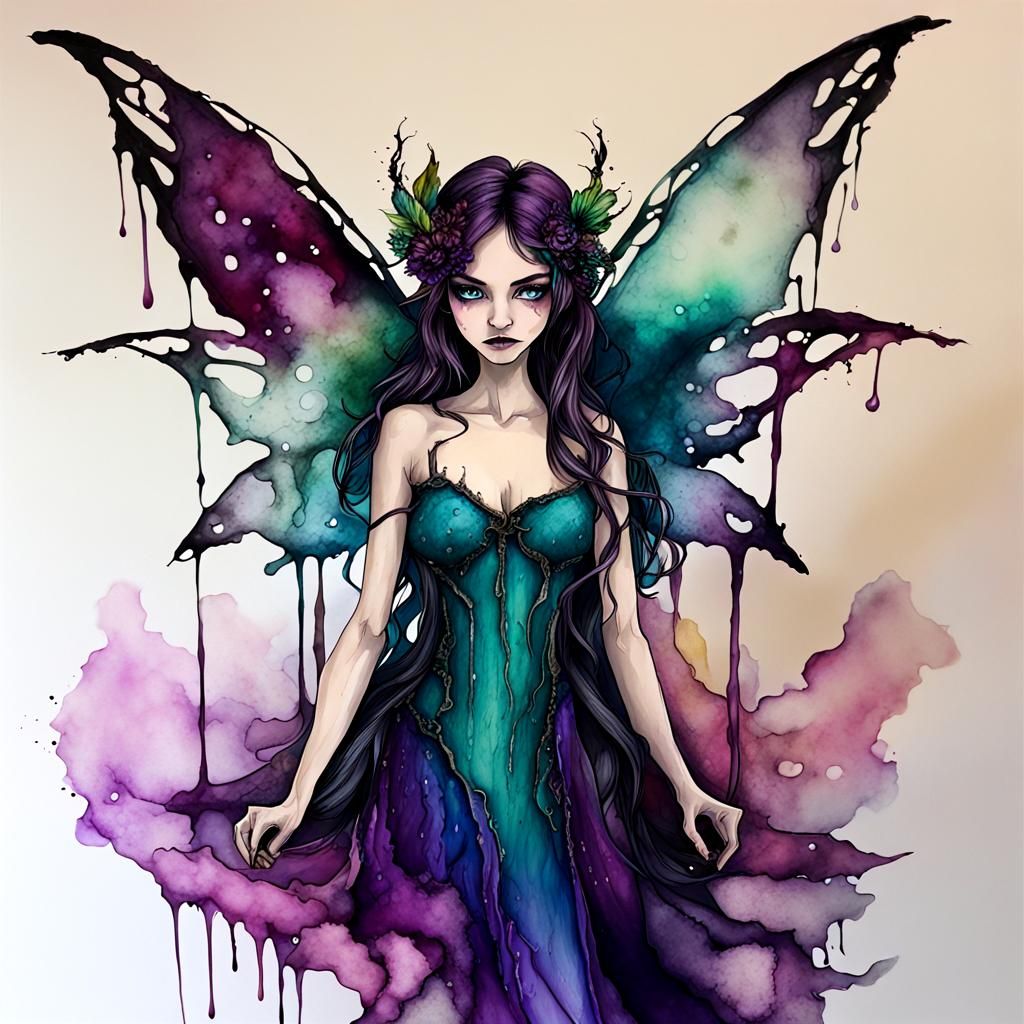 Grimdark Fantasy Fairy in Alcohol Ink Style