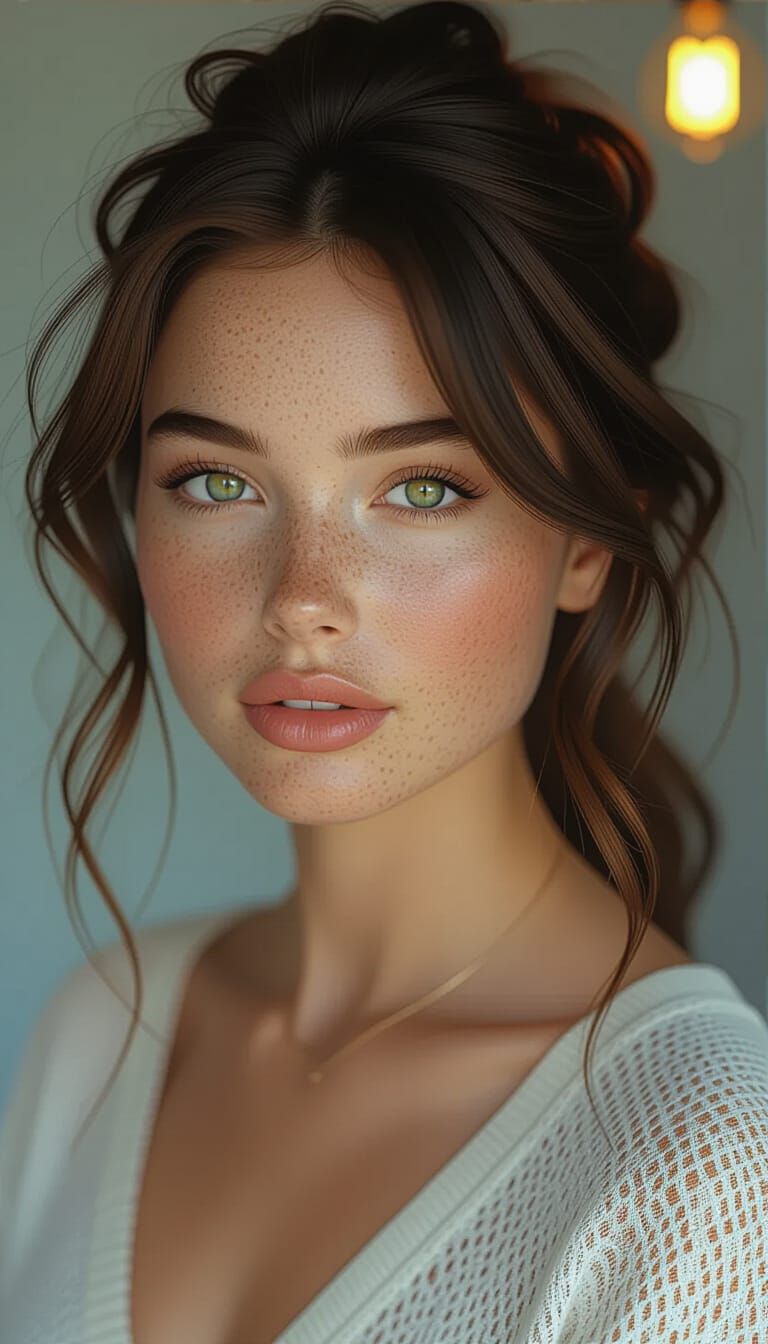 Hyperrealistic Portrait of Freckled Woman with Dynamic Light...