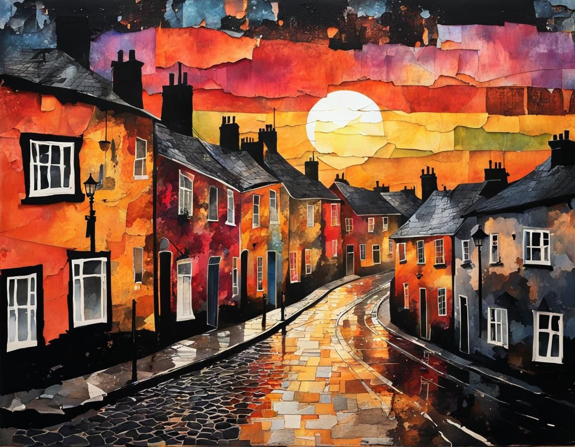 Retro Collage of Cobbled Street After Rain