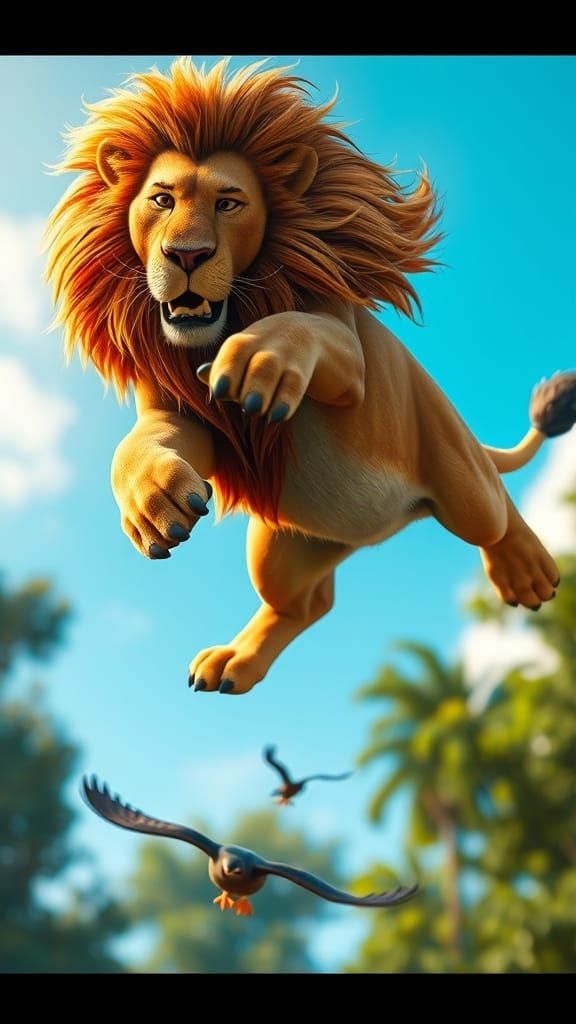 Majestic Lion in Mid-Air Chase, Suspended in a Vibrant, Drea...