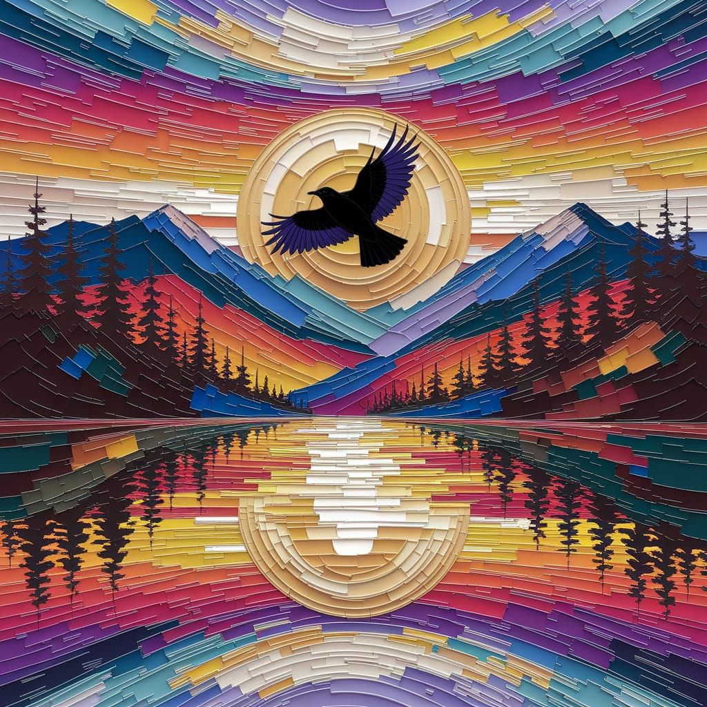 Raven in Flight Across Vibrant Sunset Landscape