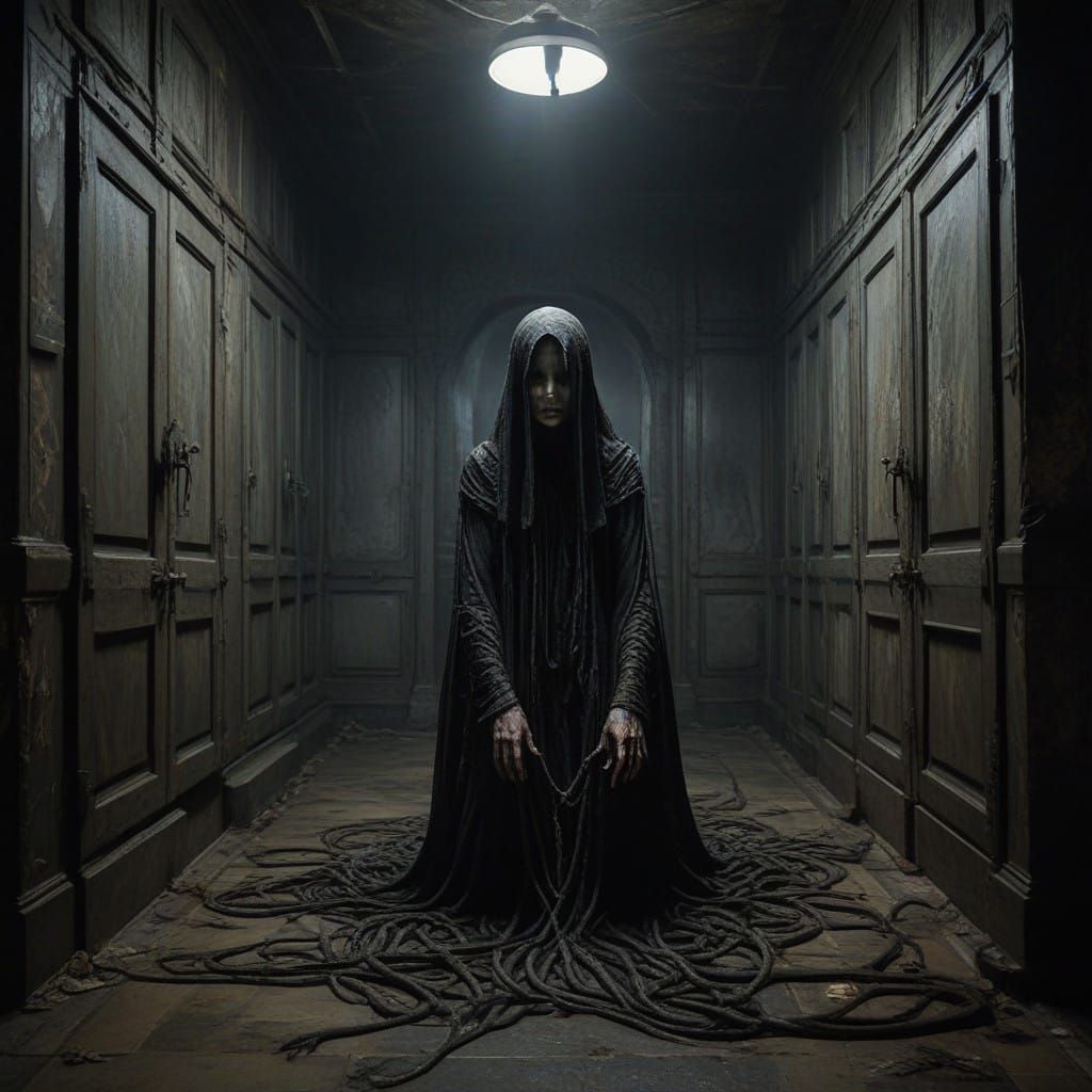 Ethereal Horror Creature Envelops Frightened Woman in Ancien...