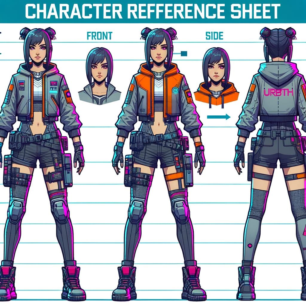 Cyberpunk Heroine Character Sheet in Digital Art Style