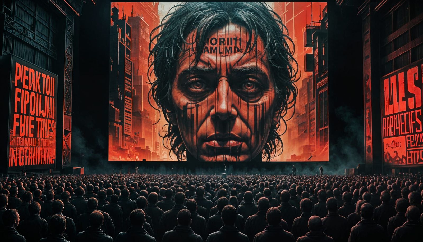 Propaganda Crowd Watches Distorted Leader's Face on Giant Sc...