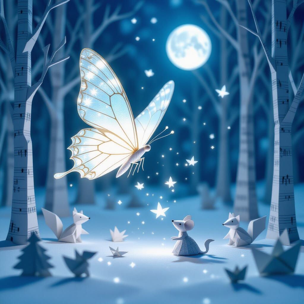 Moonlit Paper Forest Dance with Repaired Butterfly
