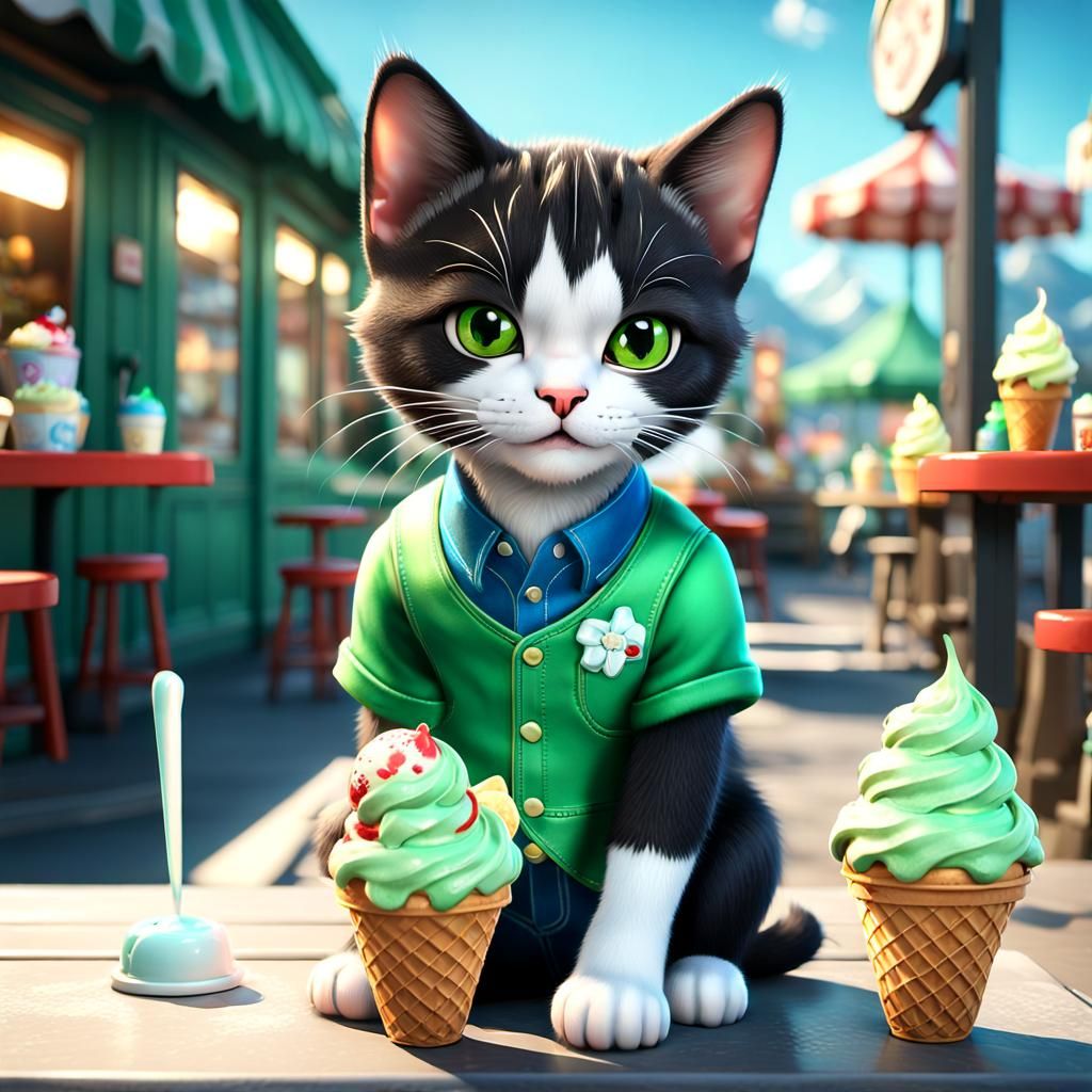 Kitten in Overalls Enjoying Ice Cream: 3D Game Art