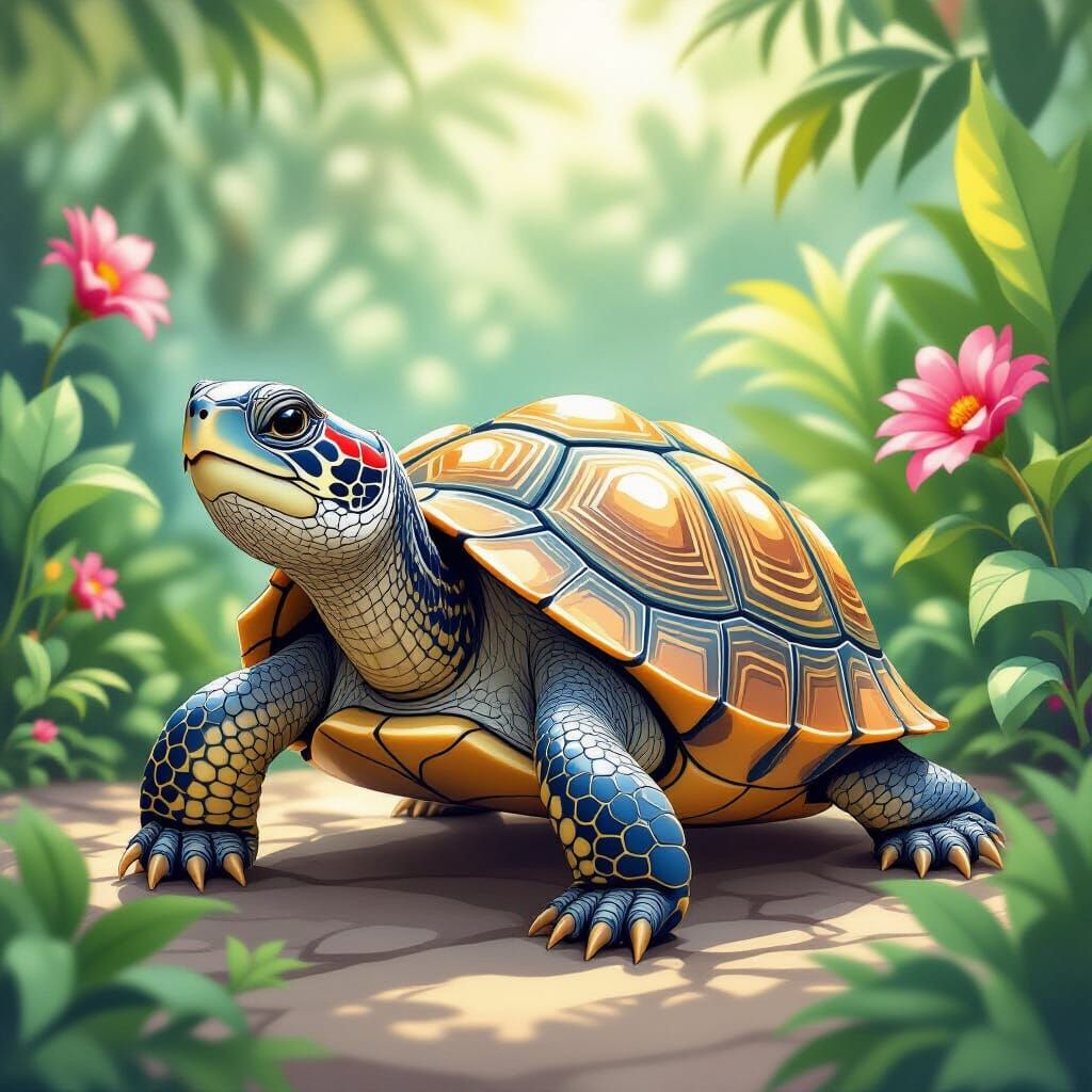 Elegant Terrapin in Lush Garden, Watercolor Style