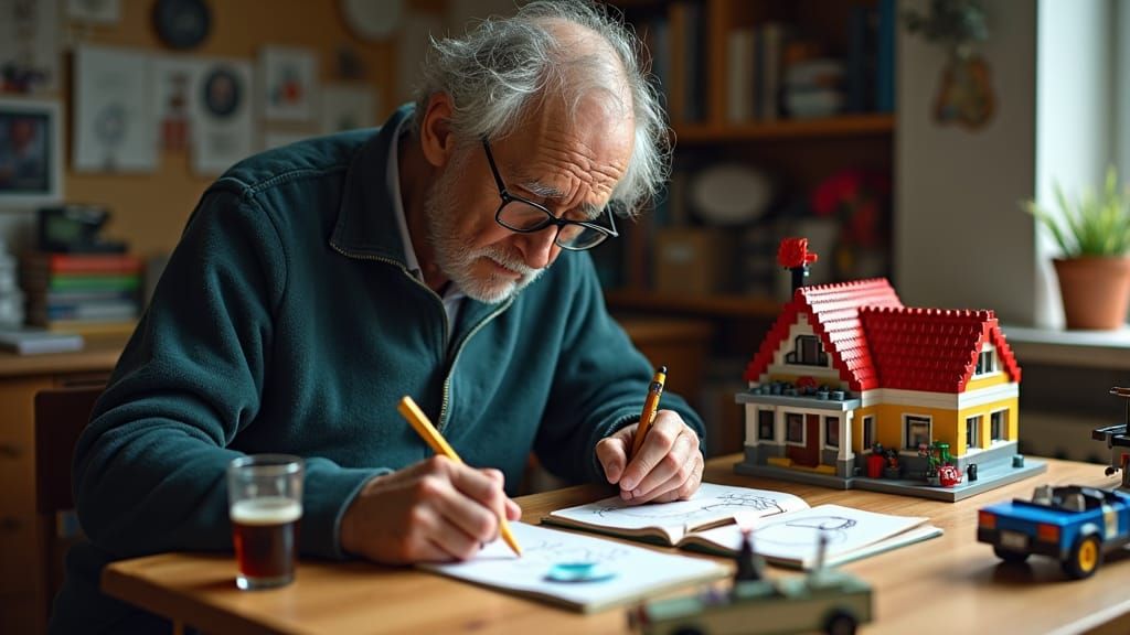 Elderly Man Assembles Lego House: Hyperrealistic Scene