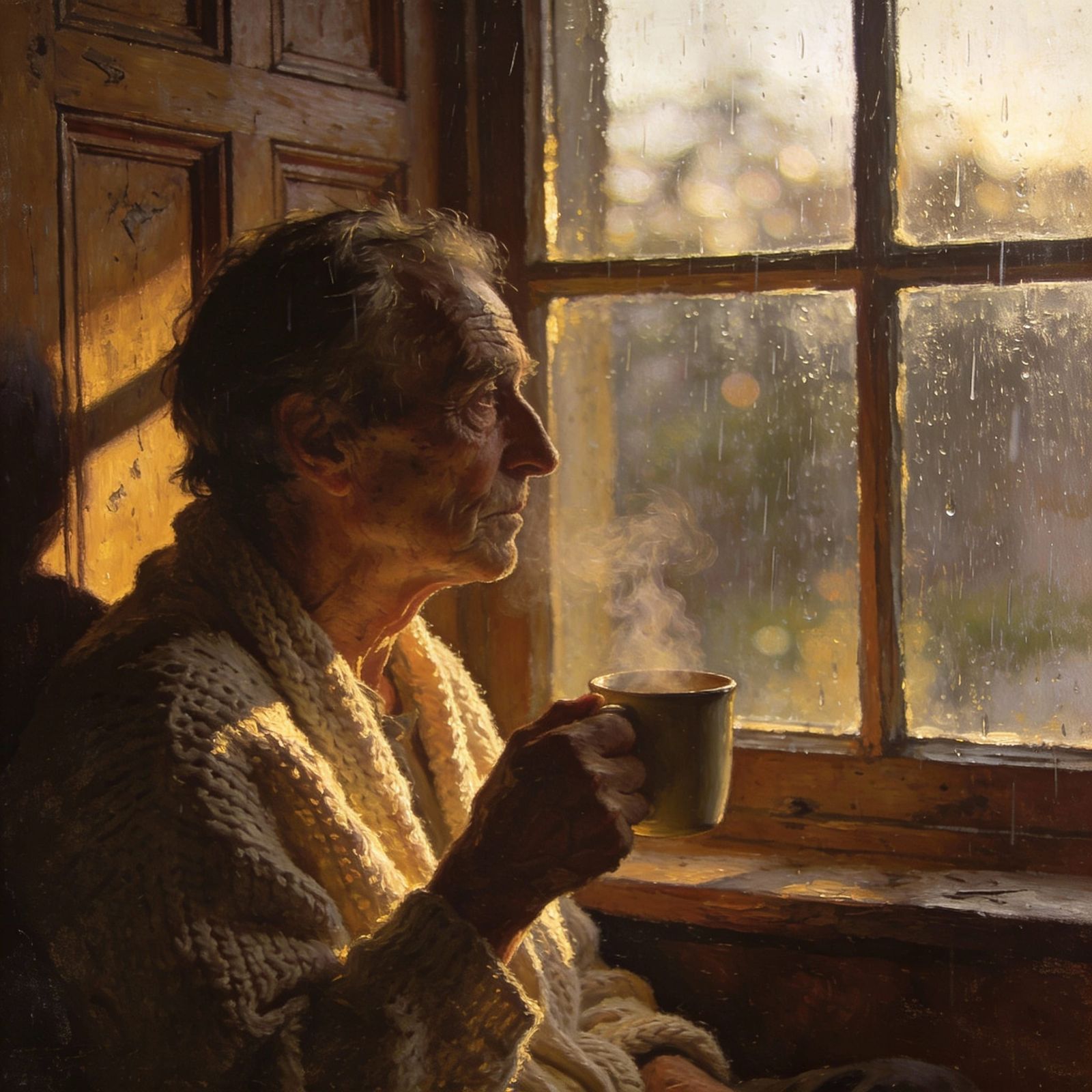 Morning Contemplation: Figure by Window with Coffee