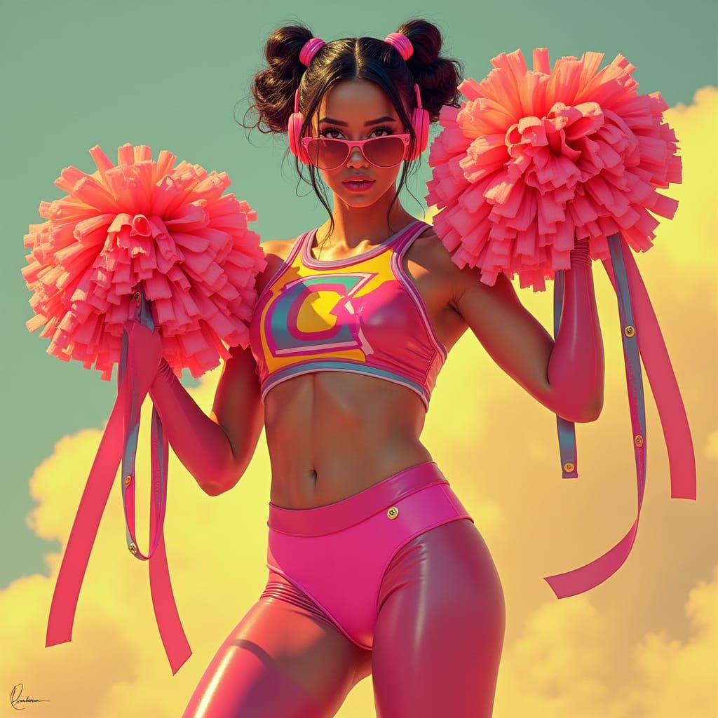 Futuristic Cheerleader in Shiny Latex Uniform
