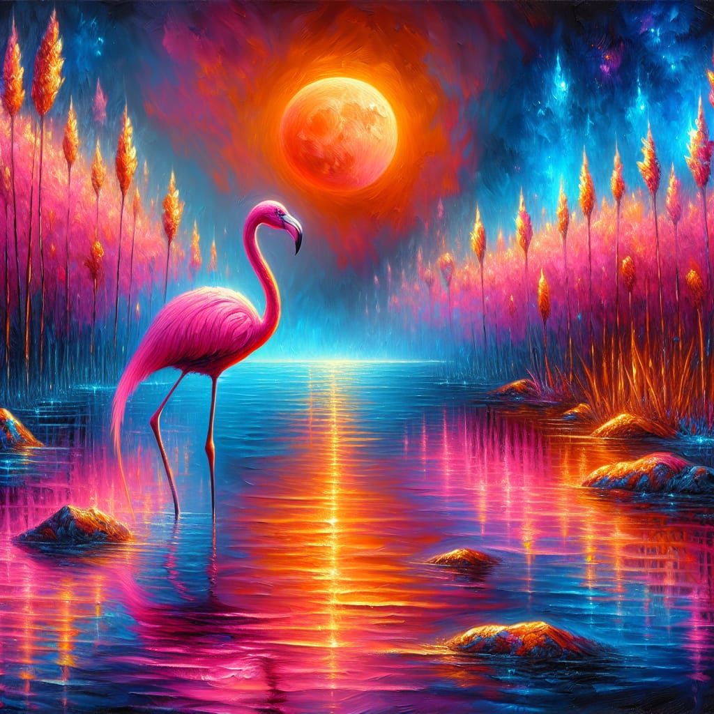 Pink Flamingo in Lagoon as Late-Renaissance Fresco