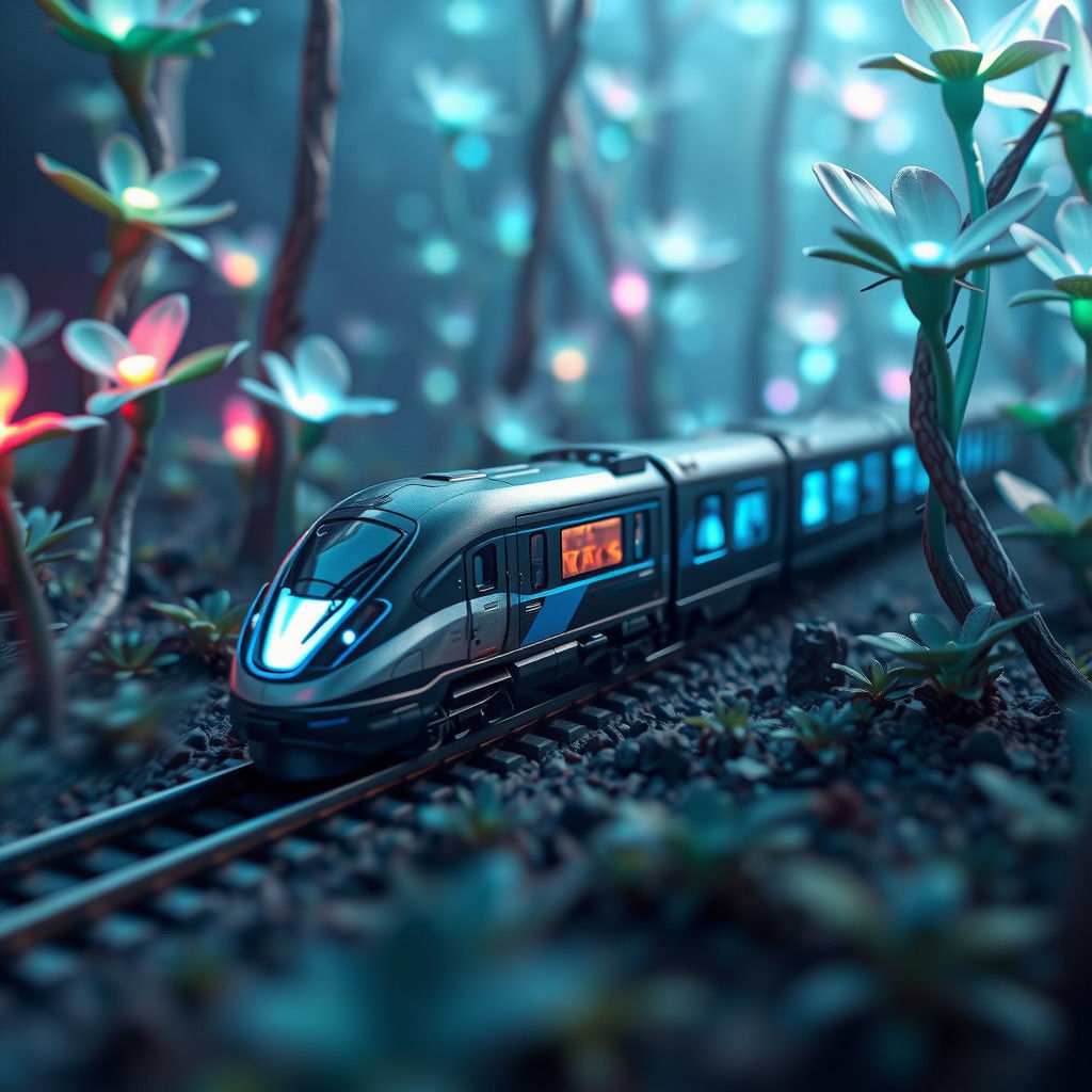 Sleek Train Through Alien Forest in Tilt-Shift Style