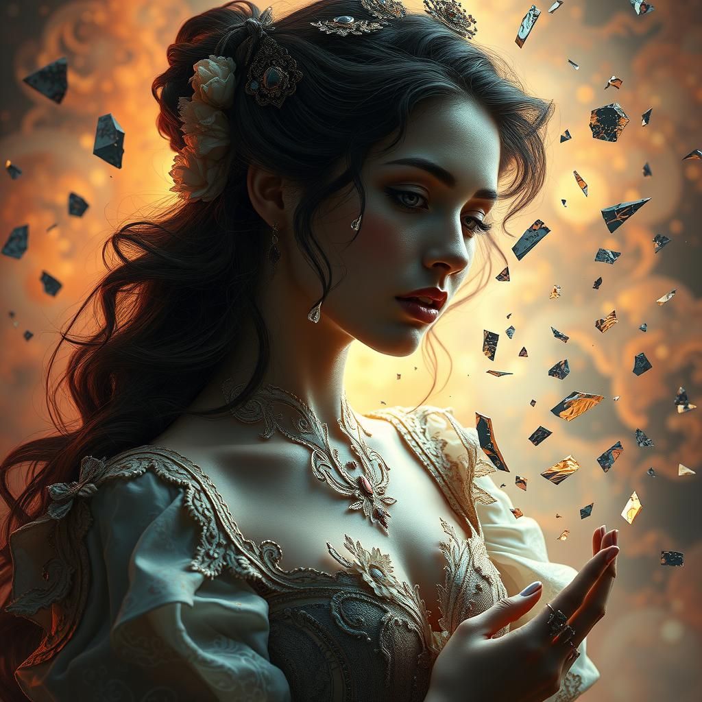 Baroque Woman Assembling Fractured Self in Art Nouveau Style