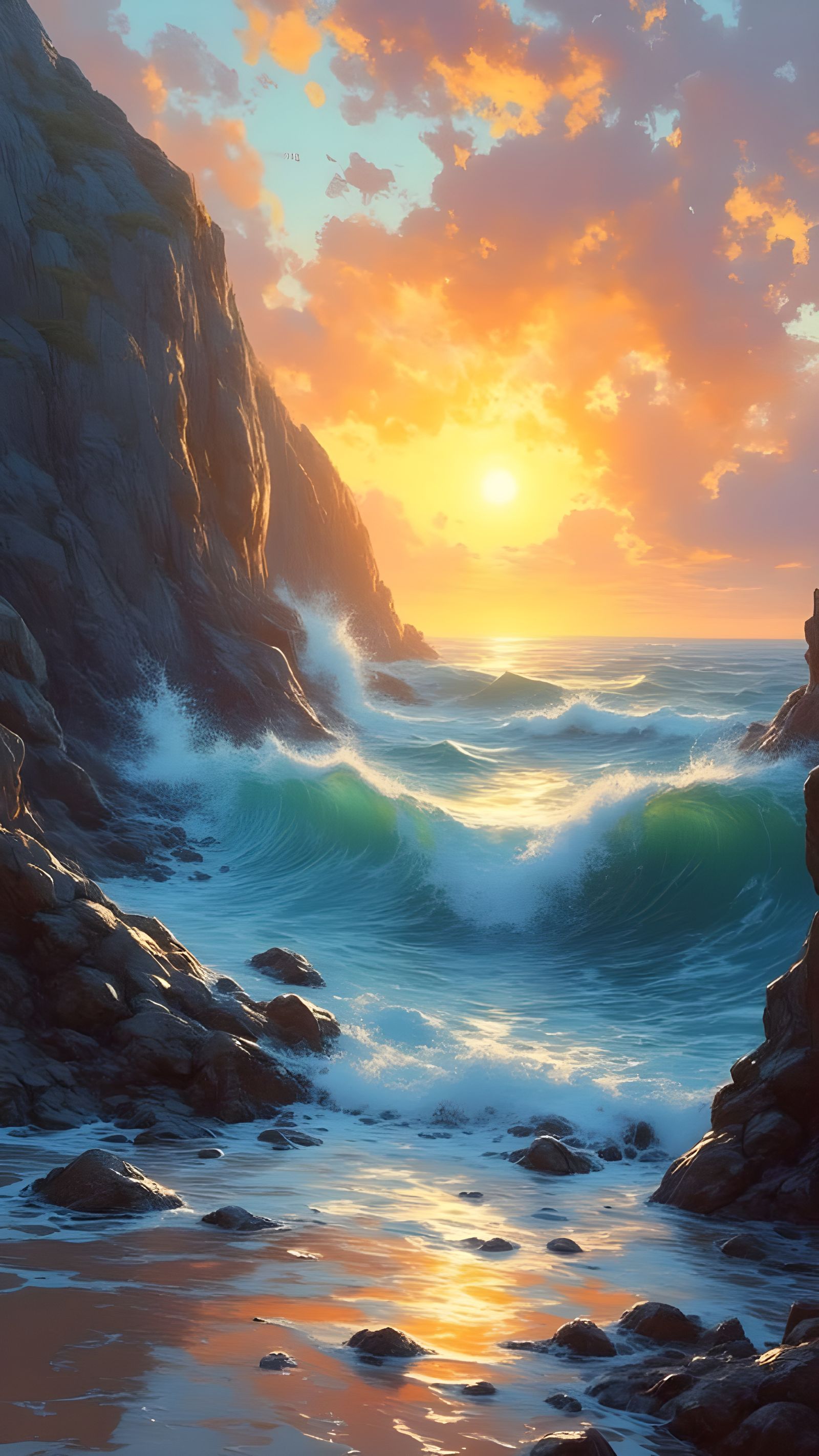 Dramatic Sunrise Ocean Cliffs With Crashing Waves