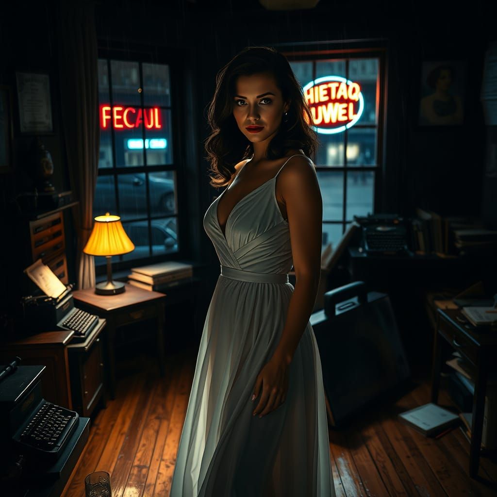 Neo Noir Cinematic Portrait of a Stunning Woman in a Private...