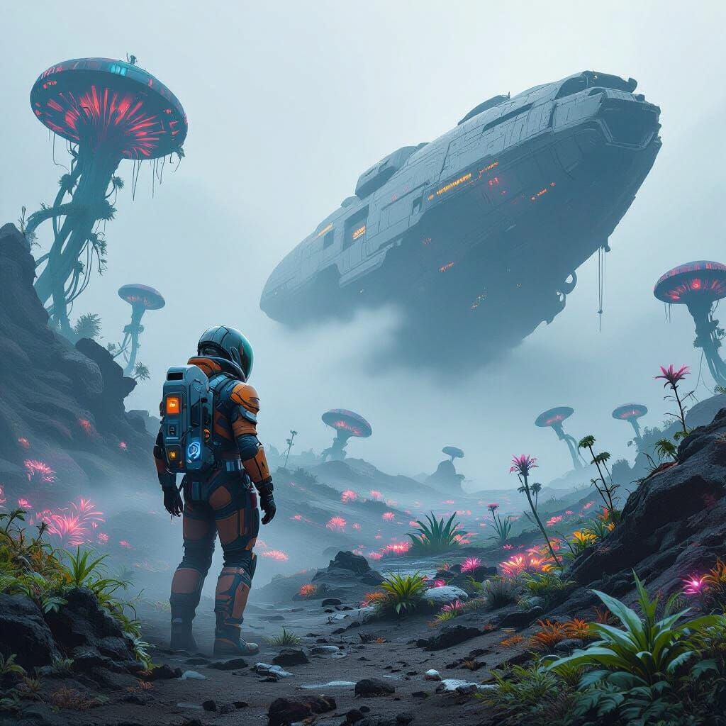 Explorer on Bioluminescent Alien Planet in Retro Sci-Fi Styl...