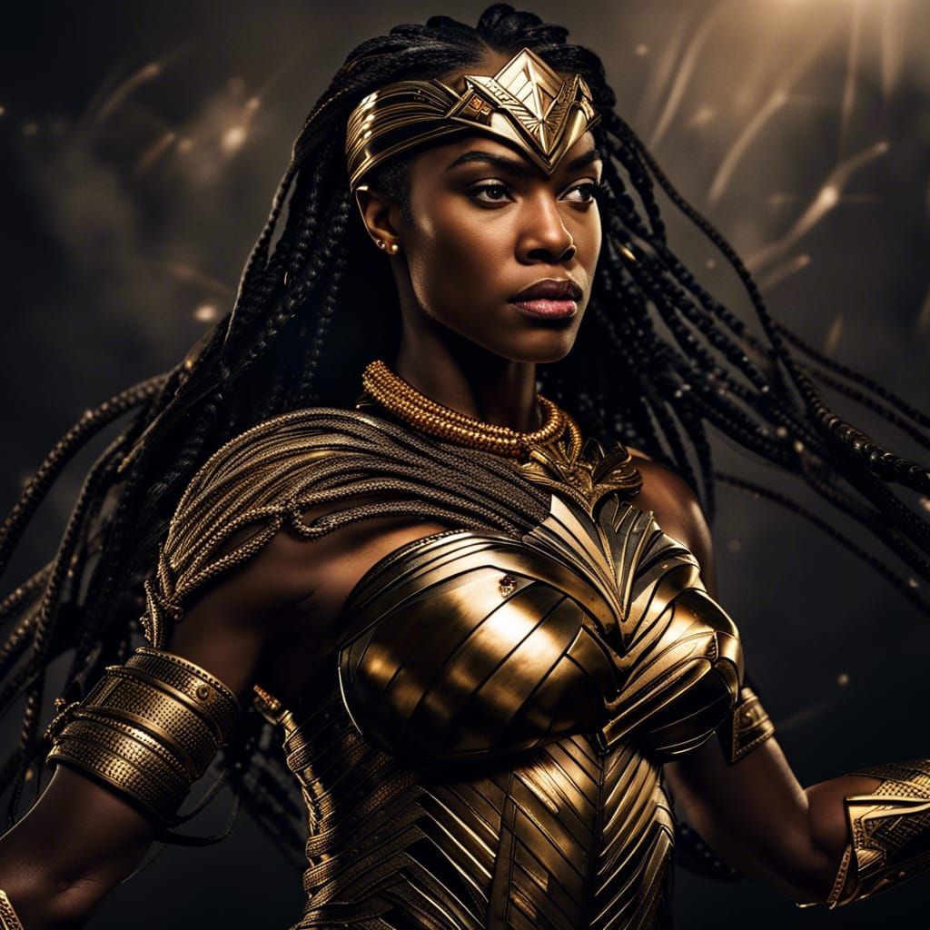 Black Wonder Woman in Golden Armor, Hyperrealistic