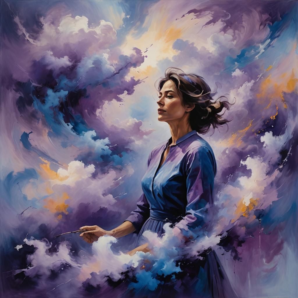 Ethereal Woman in Abstract Expressionist Cloudscape