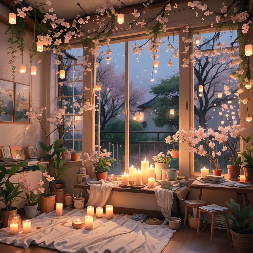 Cozy Anime Dorm Room at Dusk in Watercolor Style