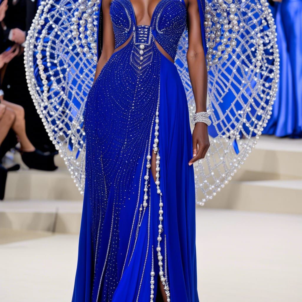 Ethereal cobalt blue met gala dress decorated with pearls an...