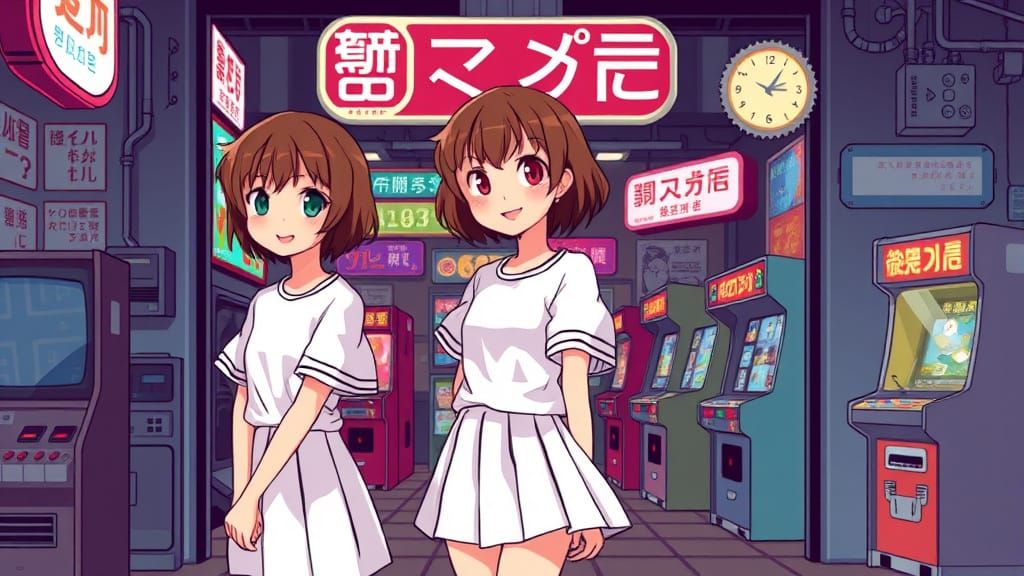 Retro Pixel Art Girl in Front of Vintage Arcade